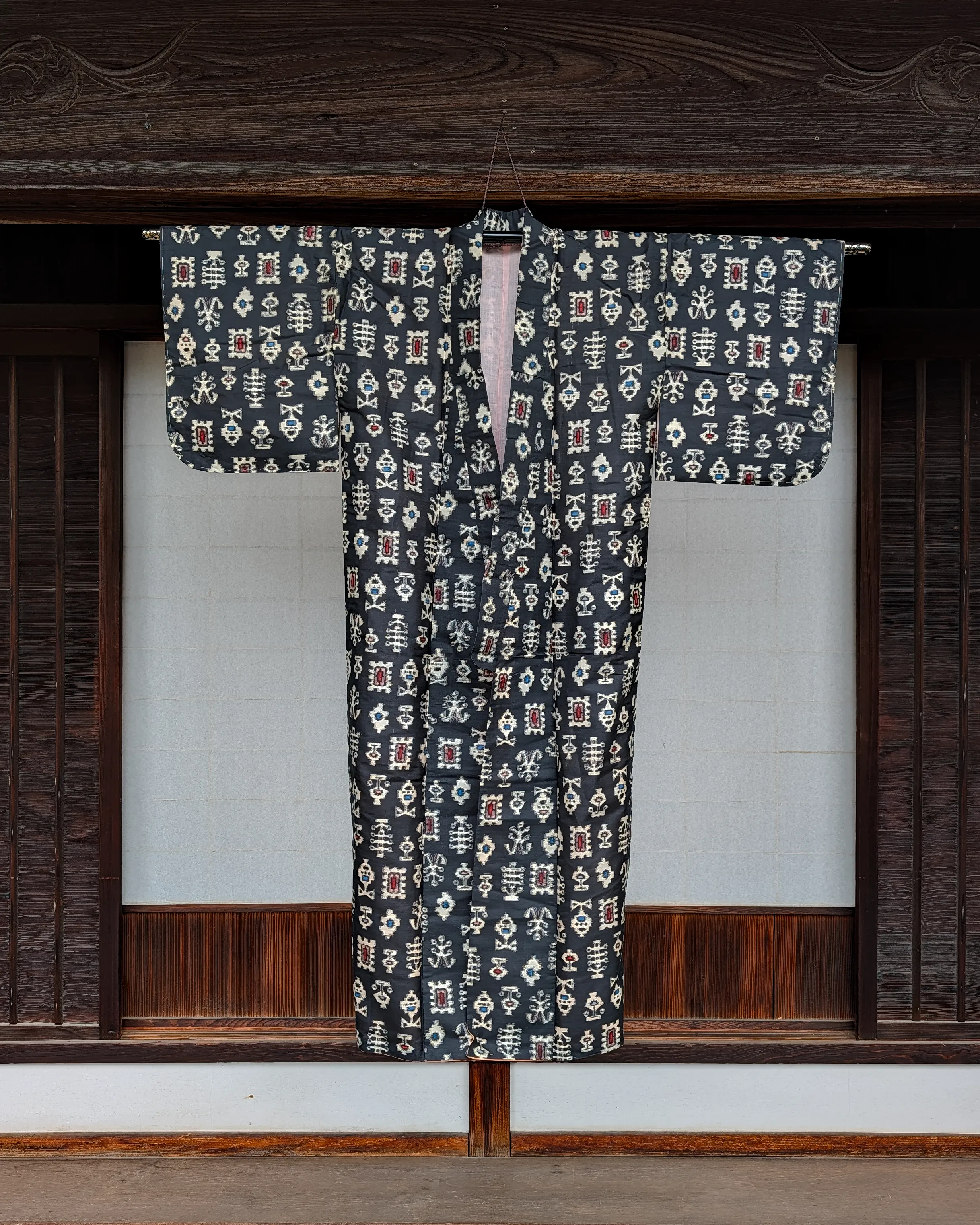 Vintage Kimono displayed in front of a temple in Japan